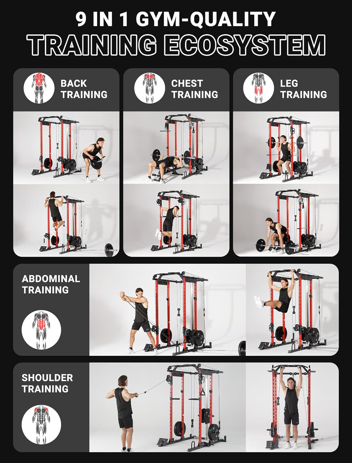 Smooth Pulley System Power Cage, Adjustable Cable Crossover Power Rack, Multi-Functional Cable Machine for Home Gym