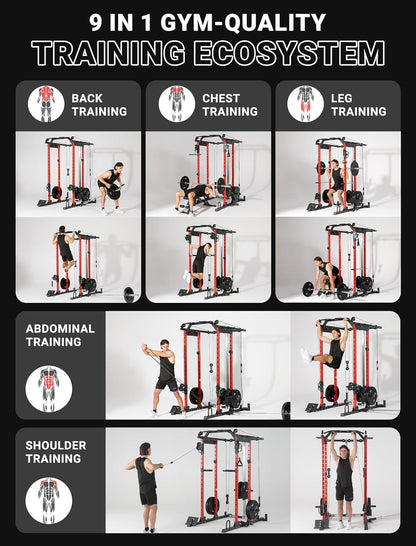 Smooth Pulley System Power Cage, Adjustable Cable Crossover Power Rack, Multi-Functional Cable Machine for Home Gym