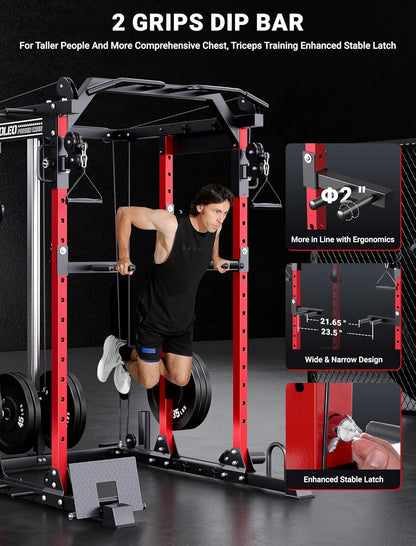 Smooth Pulley System Power Cage, Adjustable Cable Crossover Power Rack, Multi-Functional Cable Machine for Home Gym